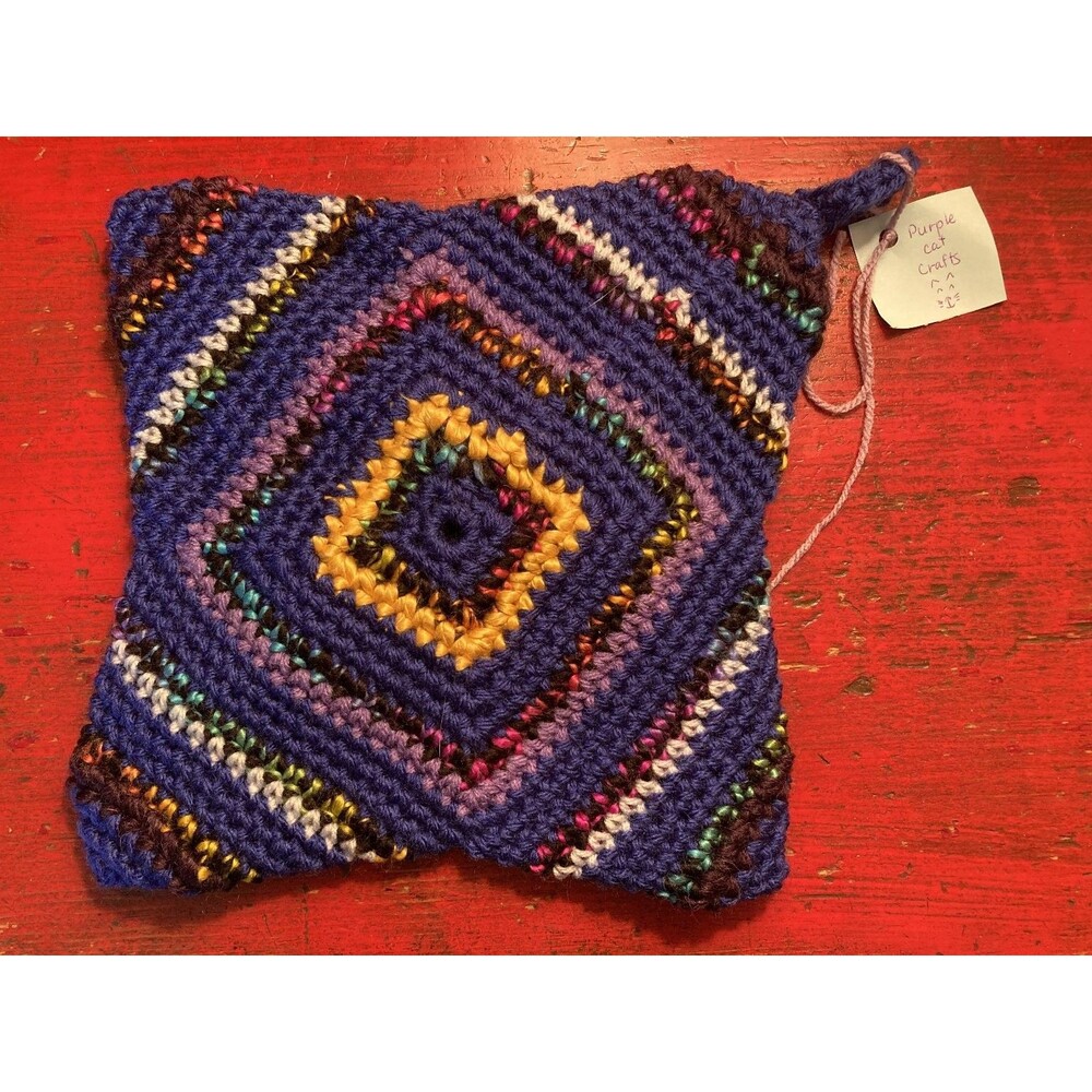 PURPLE CAT CRAFTS Handmade Crocheted Trivet Potholder Hot Pad Purple Geometric